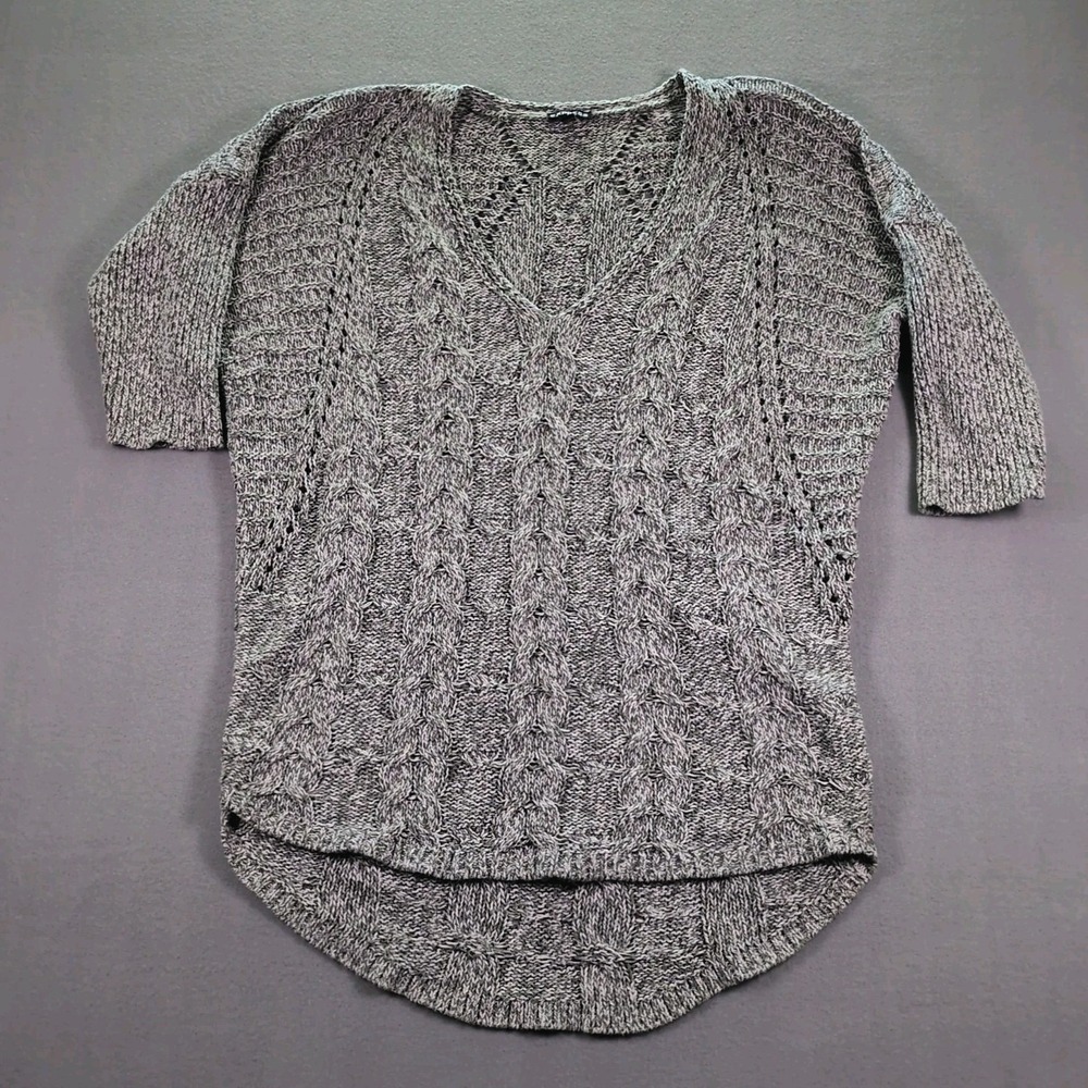 Express Tunic Sweater SZ M Womens Grey Cable Knit 3/4 Sleeve V-Neck